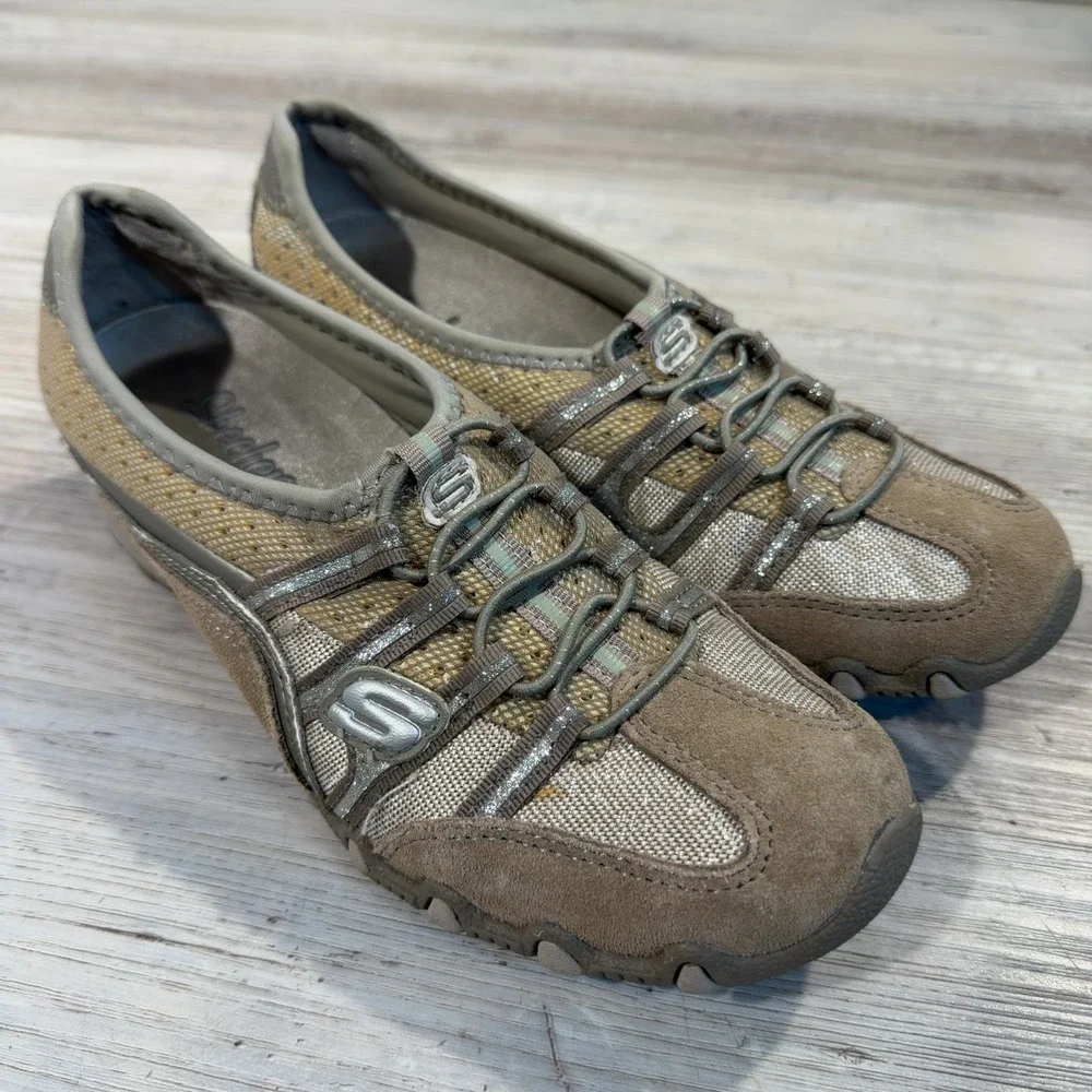 Skechers Womens Bikers Sneakers Size 6 Tan Suede Mesh Comfort Slip-On
